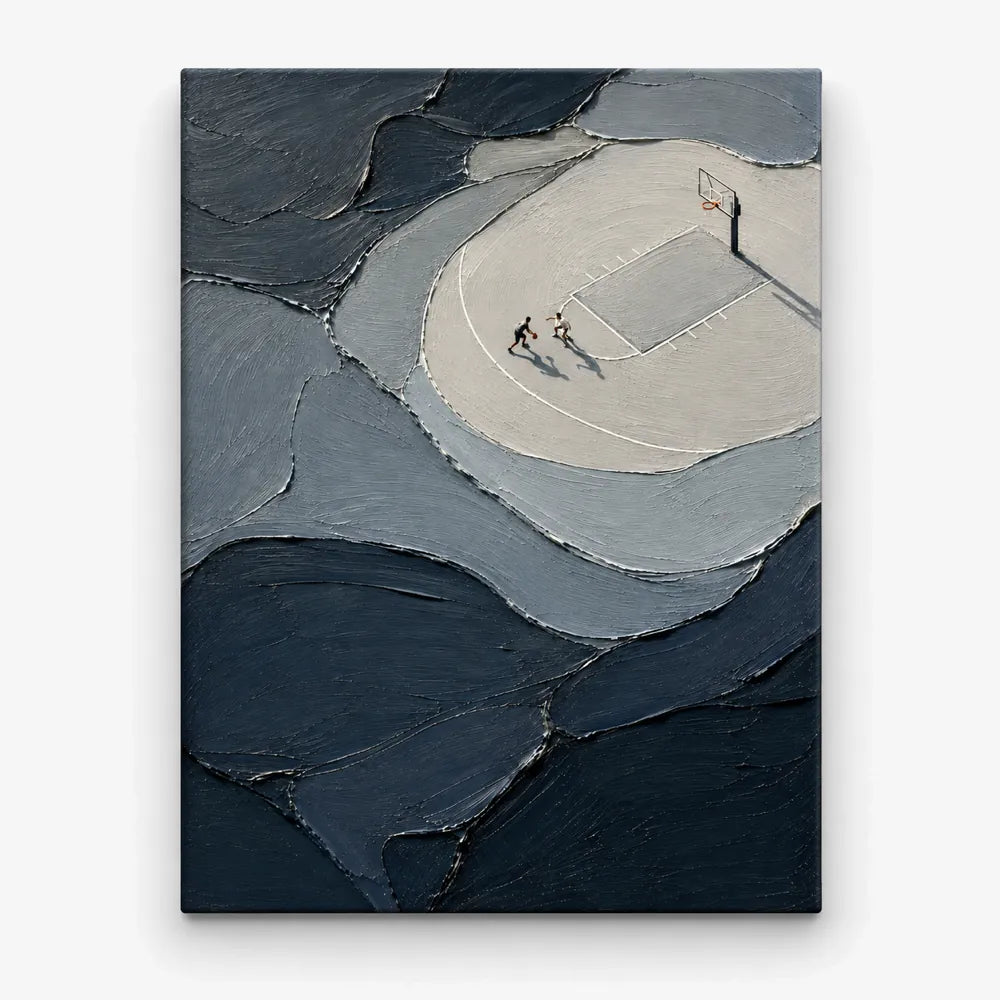 Abstract Basketball Court Painting With Tiny Figures In Grey