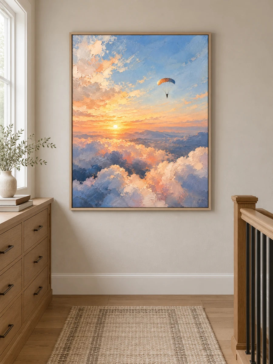 Impressionist Parachuting Canvas Painting With Sunset Sky