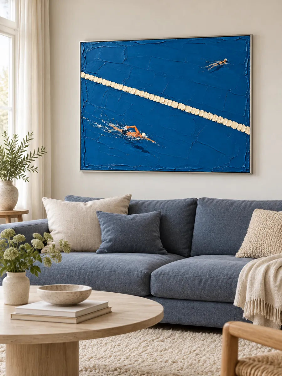 Swimming Pool Impasto Canvas Painting Hand-Painted Blue Sports Art