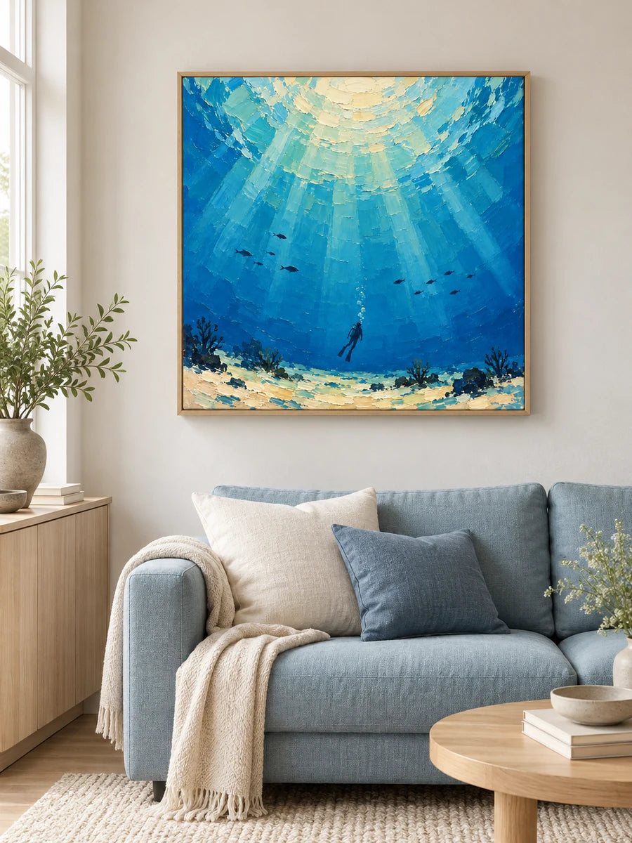 Hand-Painted Scuba Diver Canvas Art With Sunlit Ocean Waves