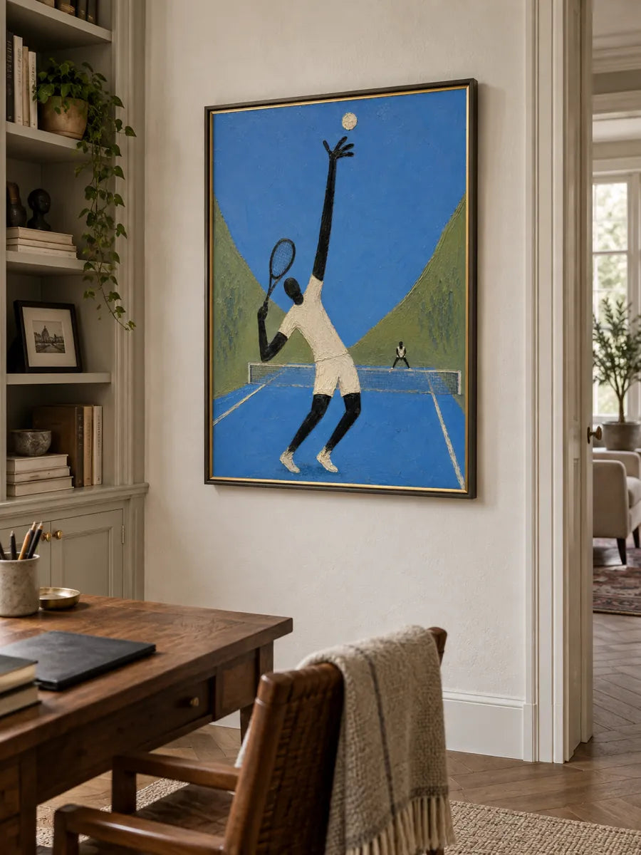 Hand-Painted Tennis Player Art With Giant Figure On Blue Court Canvas