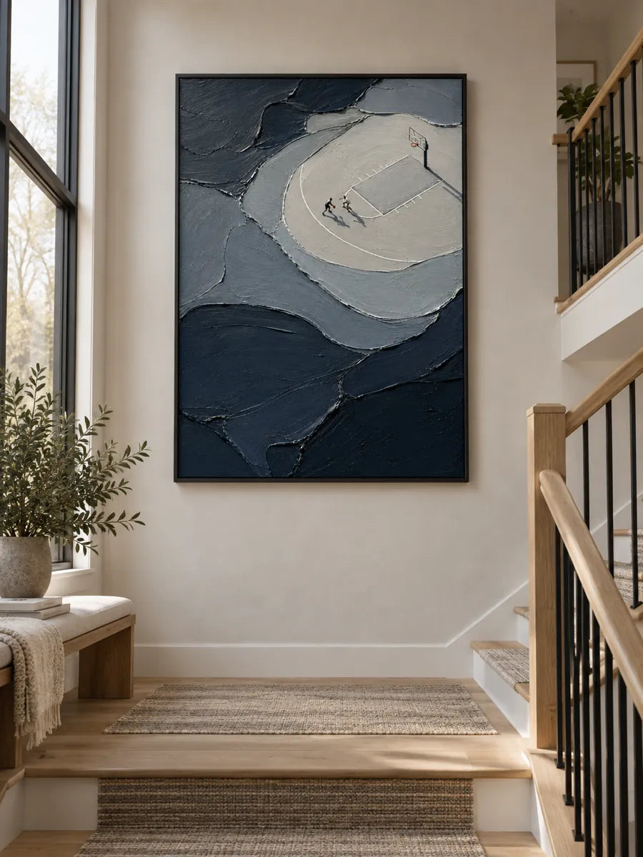 Abstract Basketball Court Painting With Tiny Figures In Grey