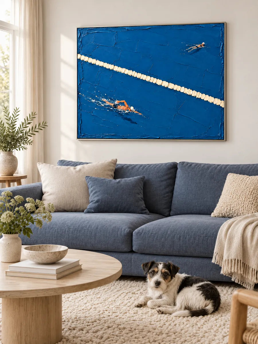 Swimming Pool Impasto Canvas Painting Hand-Painted Blue Sports Art