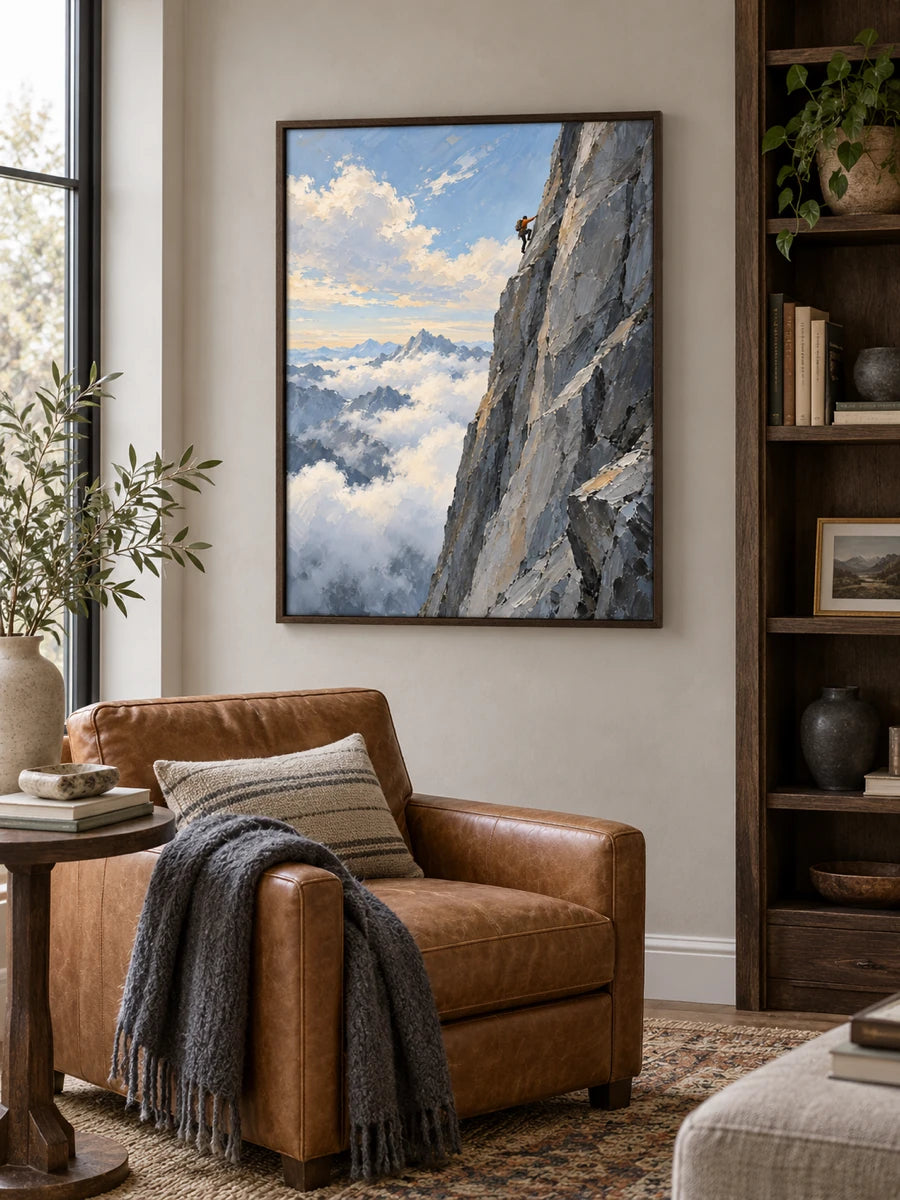 Hand-Painted Rock Climbing Canvas Art With Clouds And Mountains