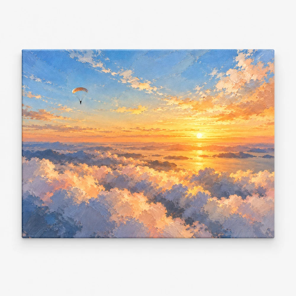 Impressionist Paragliding Canvas Painting Sunset Over Clouds Original Art