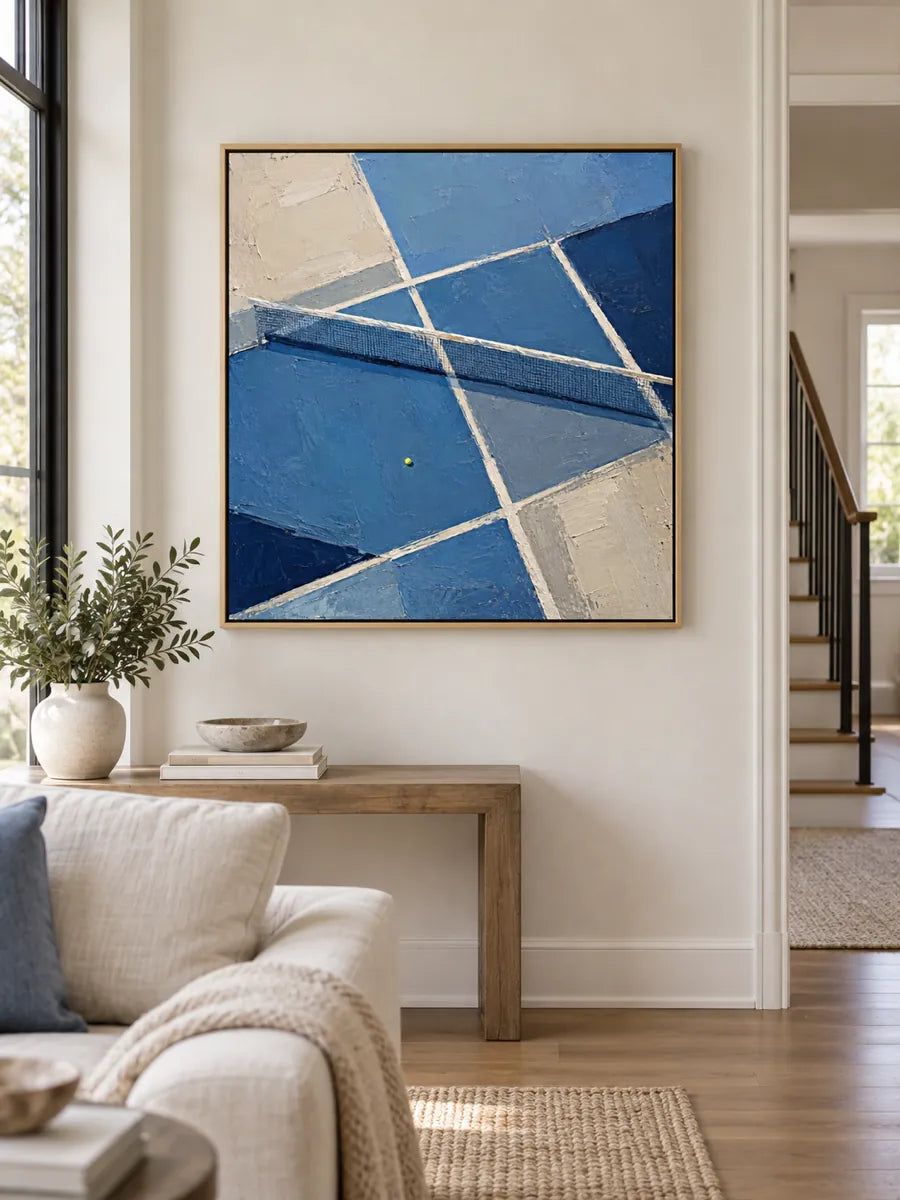 Tennis Court Abstract Painting Hand-Painted Blue Geometric Wall Art