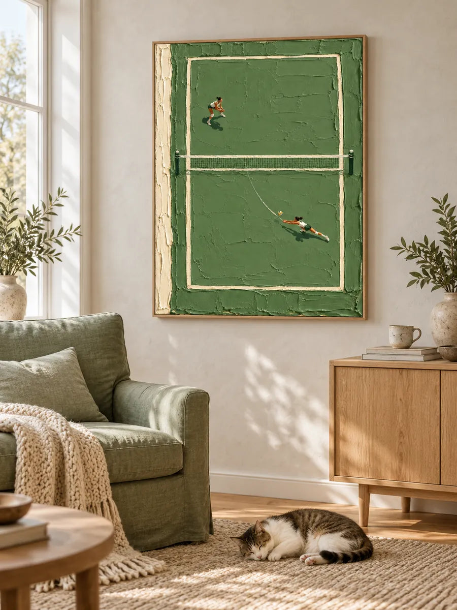 Hand-Painted Volleyball Court Art With Green Impasto Texture For Sports Fans