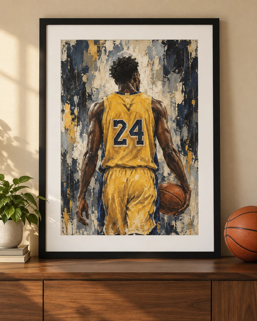 A framed original basketball painting displayed on a wooden console