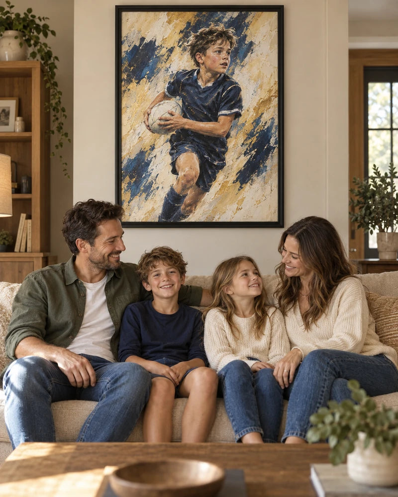 A family enjoying their sports artwork in a warm living room