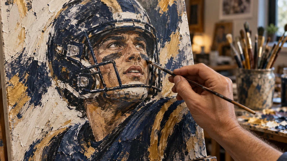 Illustration of an artist painting a detailed football portrait by hand