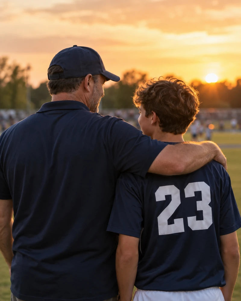 A father and son sharing a moment at a community sports field