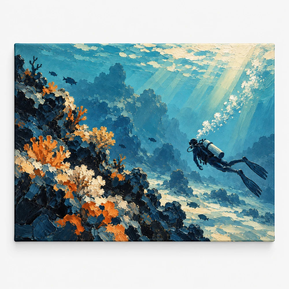 Scuba Diver And Coral Reef Impressionist Canvas Painting In Blue And Orange