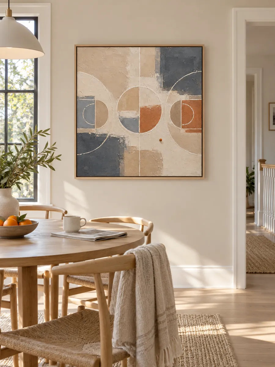 Abstract Basketball Court Geometric Canvas Painting In Beige And Orange