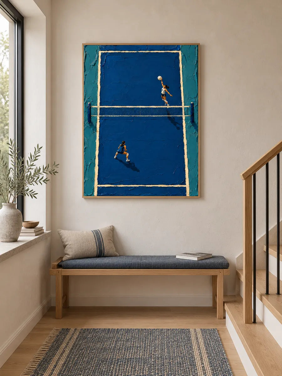 Hand-Painted Volleyball Art With Thick Impasto Blue Canvas Painting
