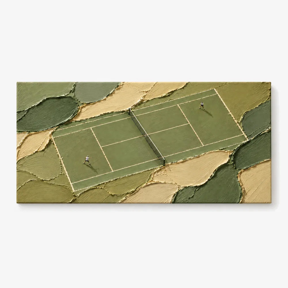 Tennis Match Canvas Painting With Miniature Figures In Green And Beige
