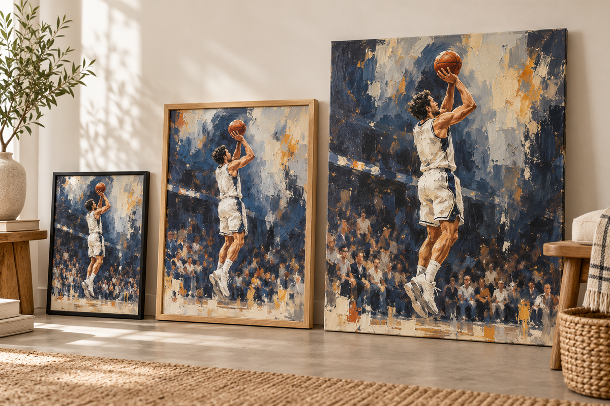 Illustrative display of custom sports artwork in different sizes and frame finishes