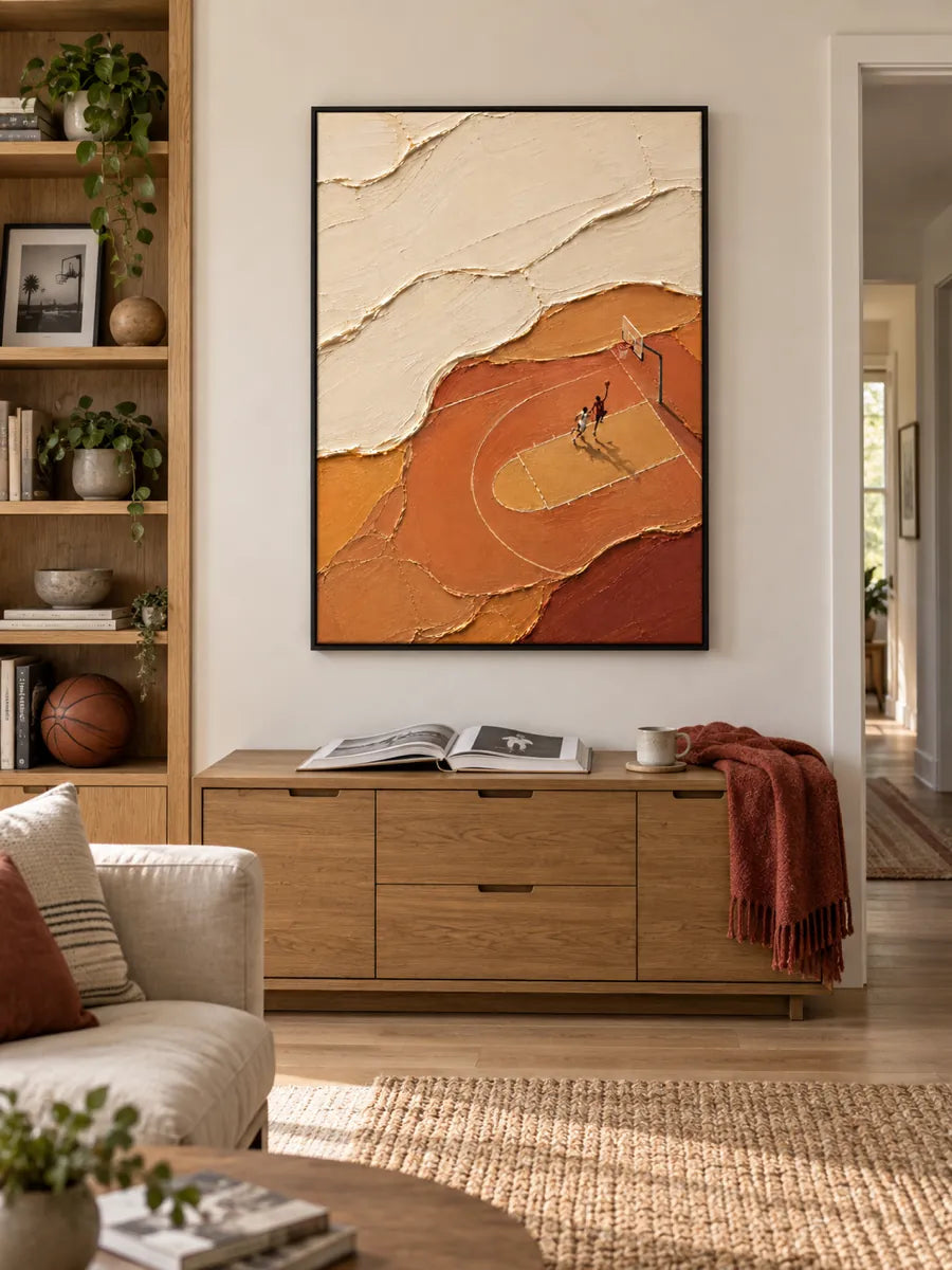 Abstract Basketball Court Painting With Tiny Players In Earth Tones