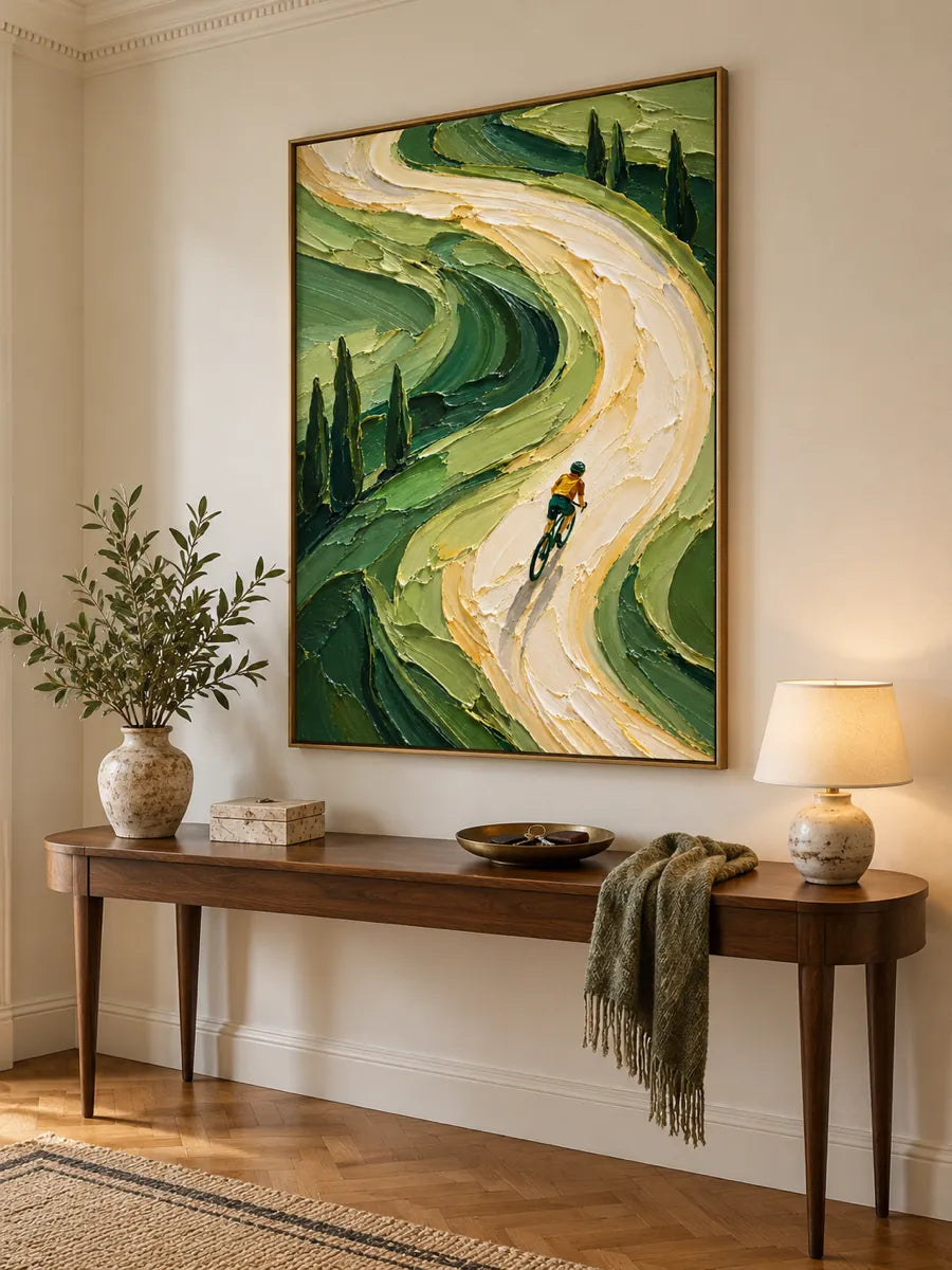 Cyclist On Winding Road Impasto Canvas Painting With Green Hills