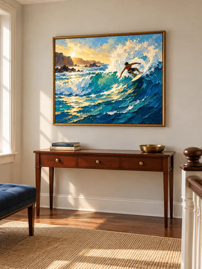 Surfer On Wave Hand-Painted Canvas Art In Blue And Gold