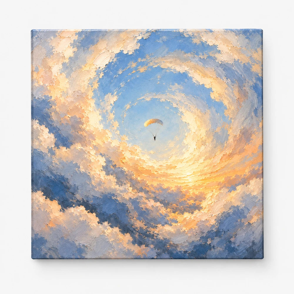 Impressionist Skydiving Canvas Painting With Swirling Blue And Gold Clouds