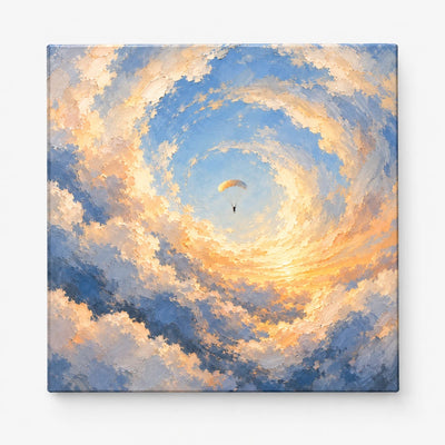 Impressionist Skydiving Canvas Painting With Swirling Blue And Gold Clouds