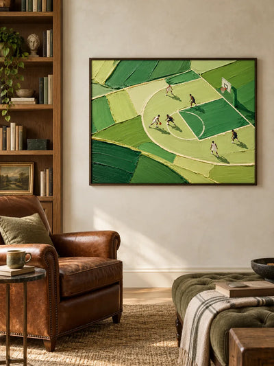 Hand-Painted Basketball Court Art With Green Impasto Texture For Sports Fans