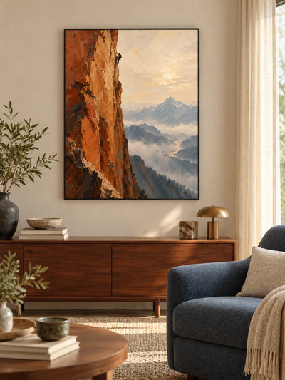 Hand-Painted Rock Climbing Canvas Art With Misty Mountains