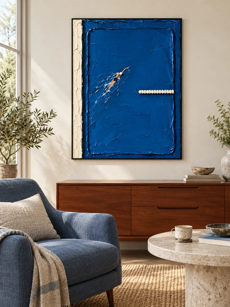 Swimming Pool Art Impasto Canvas Painting Blue Water Sports Wall Decor