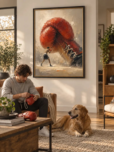 Surreal Boxing Art Canvas Painting With Giant Red Glove For Sports Fans