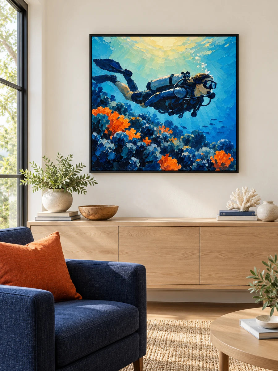 Impressionist Scuba Diver Canvas Painting With Coral Reef In Blue And Orange