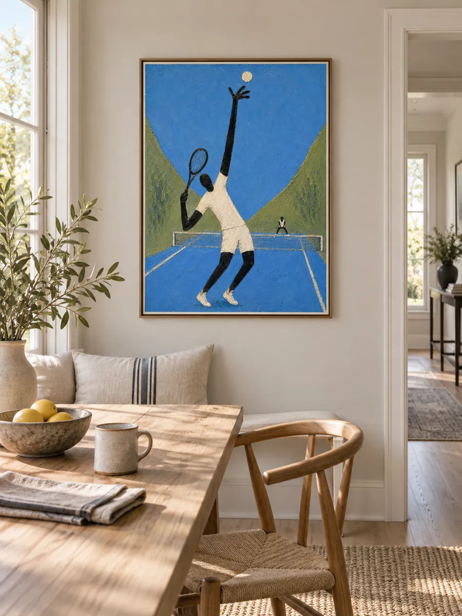 Hand-Painted Tennis Player Art With Giant Figure On Blue Court Canvas