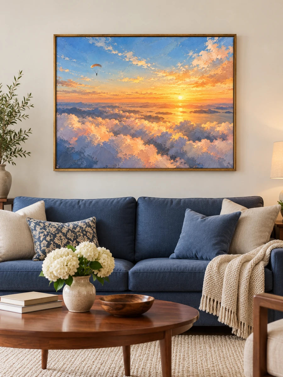 Impressionist Paragliding Canvas Painting Sunset Over Clouds Original Art