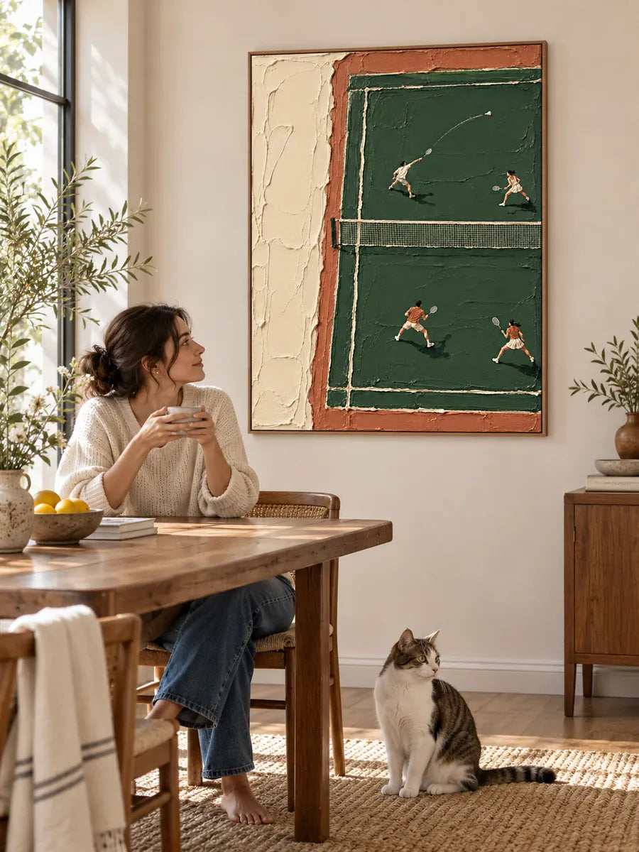 Hand-Painted Badminton Court Art With Heavy Impasto Texture