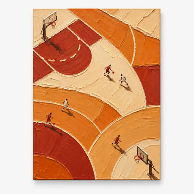 Hand-Painted Basketball Court Art With Impasto Texture In Orange