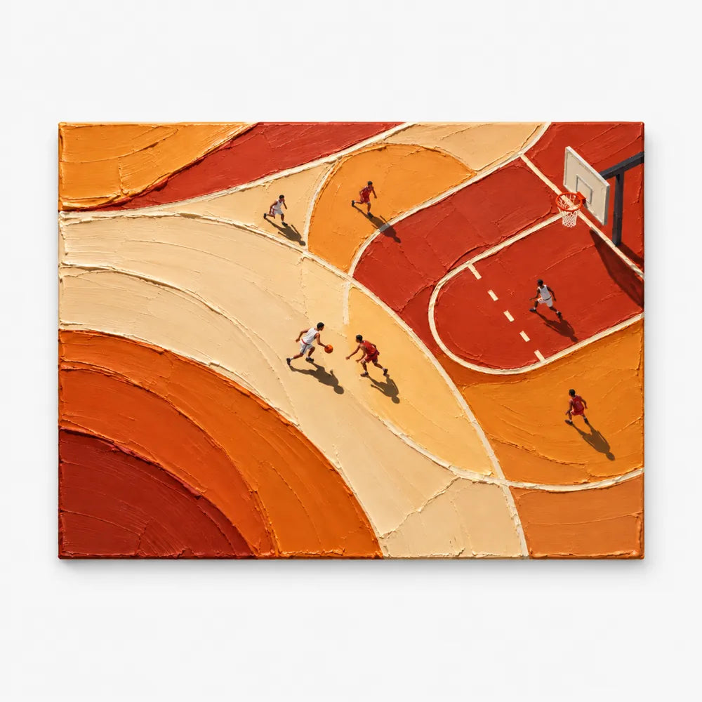 Hand-Painted Basketball Court Art With Orange Impasto Texture For Sports Fans