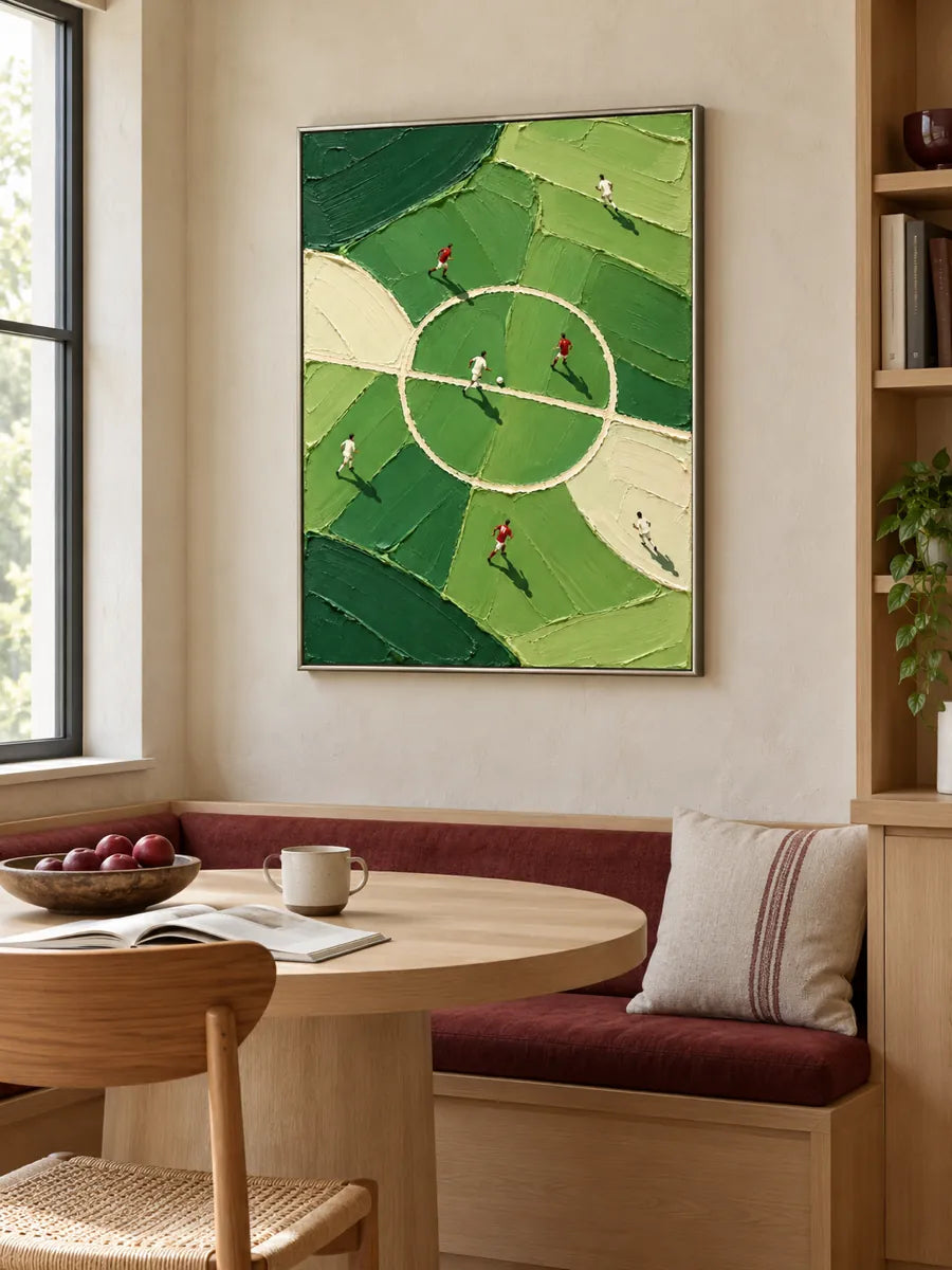 Hand-Painted Football Canvas Art With Green Impasto Texture For Sports Fans