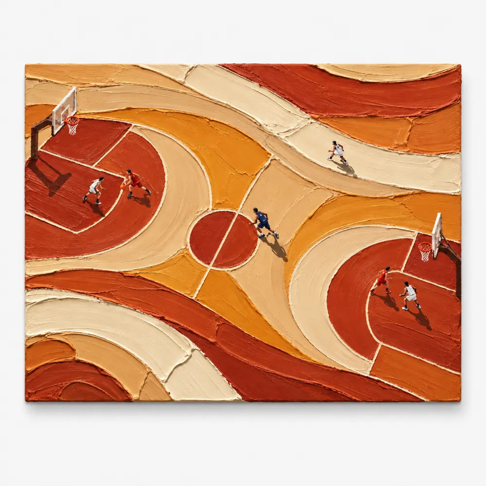 Hand-Painted Basketball Court Art With Impasto Texture For Sports Lovers