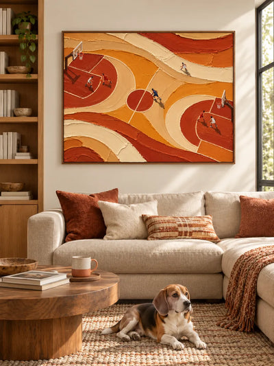 Hand-Painted Basketball Court Art With Impasto Texture For Sports Lovers