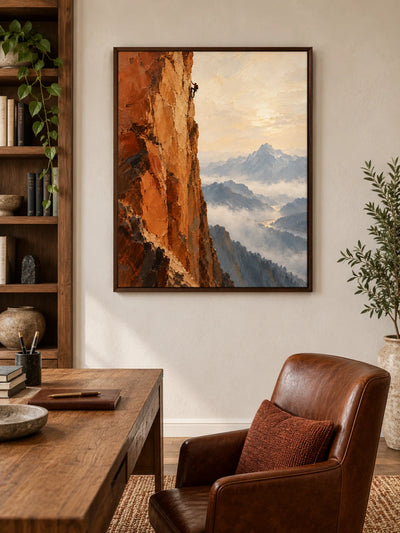 Hand-Painted Rock Climbing Canvas Art With Misty Mountains