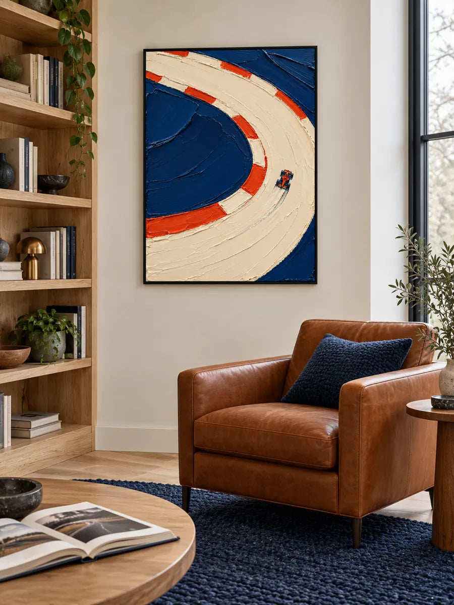 F1 Racing Car Impasto Canvas Painting With Bold Blue And Red Colors