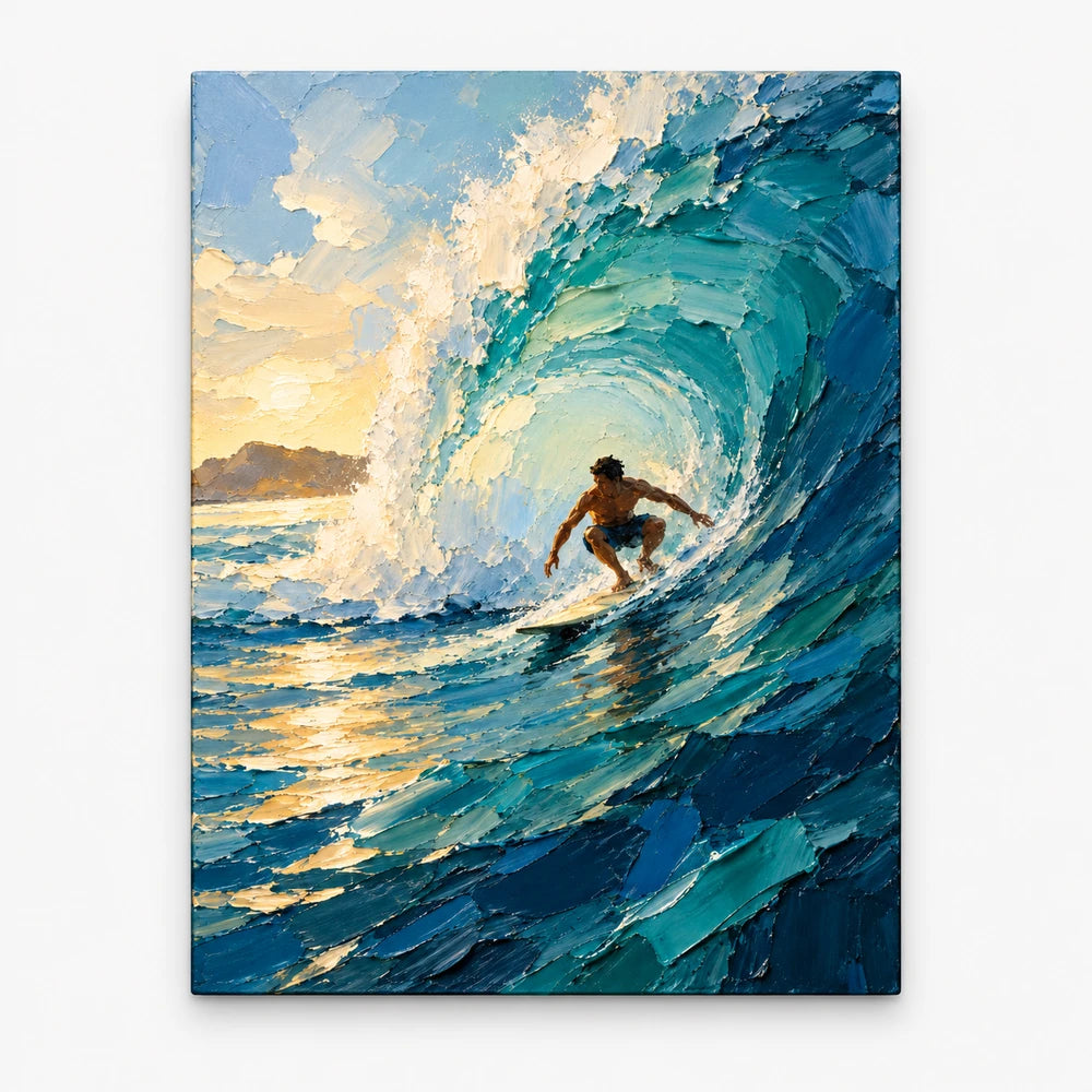 Surfer In Wave Canvas Painting Hand-Painted Impressionist Ocean Art With Gold Light