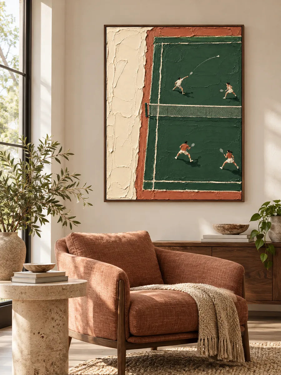 Hand-Painted Badminton Court Art With Heavy Impasto Texture