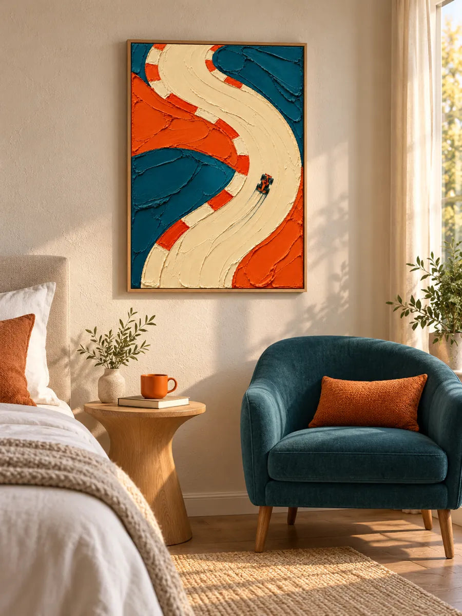 Hand-Painted F1 Racing Car Impasto Canvas Art In Orange And Teal