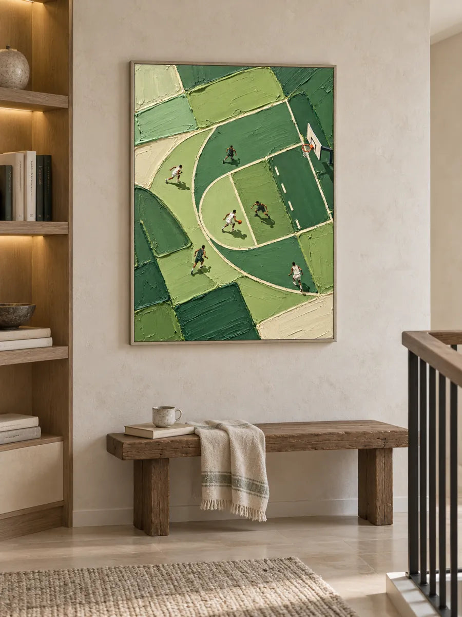 Hand-Painted Basketball Court Art With Impasto Texture Green Canvas Painting