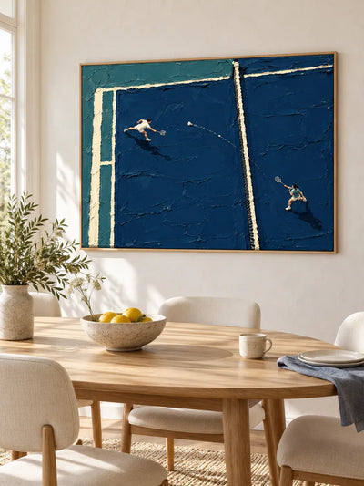 Badminton Impasto Painting Blue Court Hand-Painted Canvas Wall Art