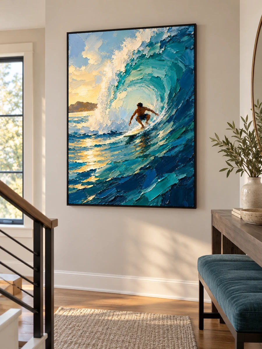 Surfer In Wave Canvas Painting Hand-Painted Impressionist Ocean Art With Gold Light
