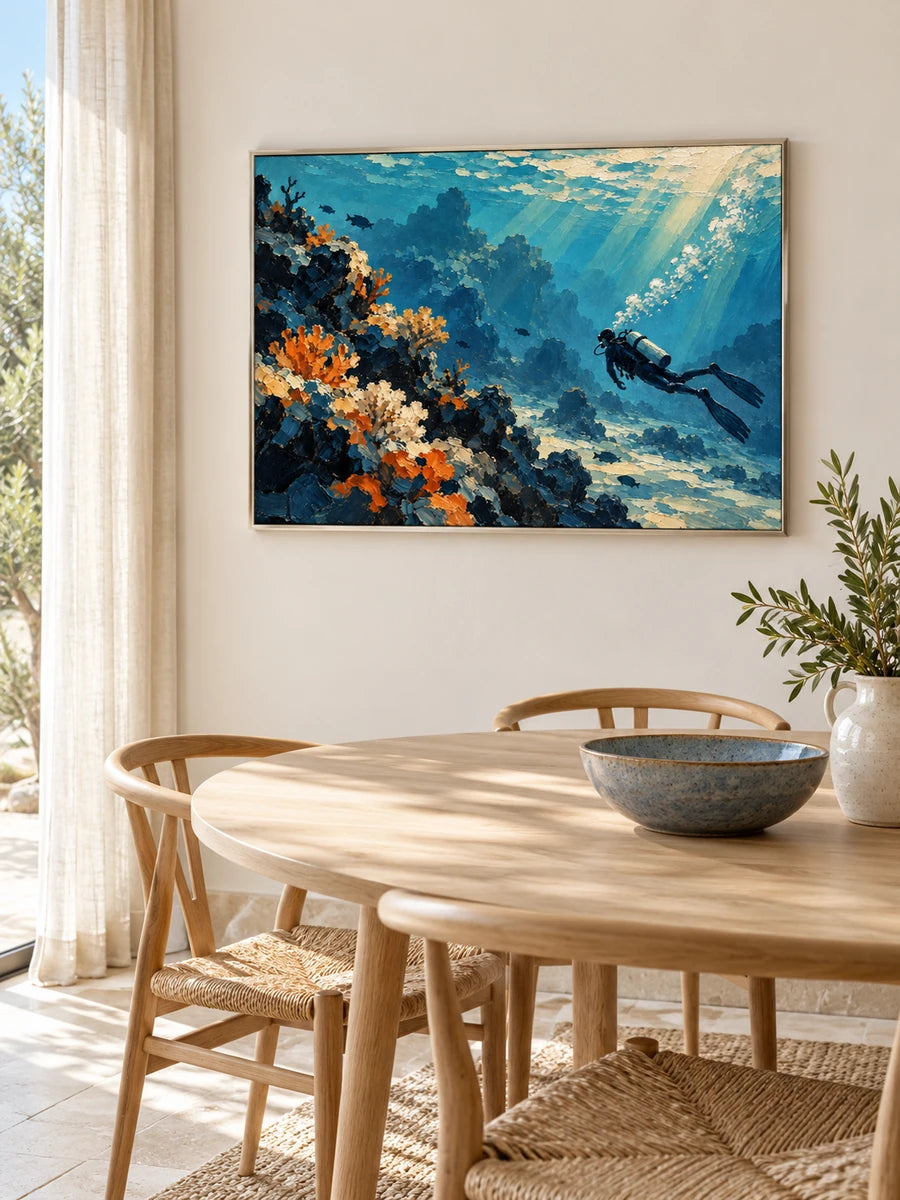 Scuba Diver And Coral Reef Impressionist Canvas Painting In Blue And Orange