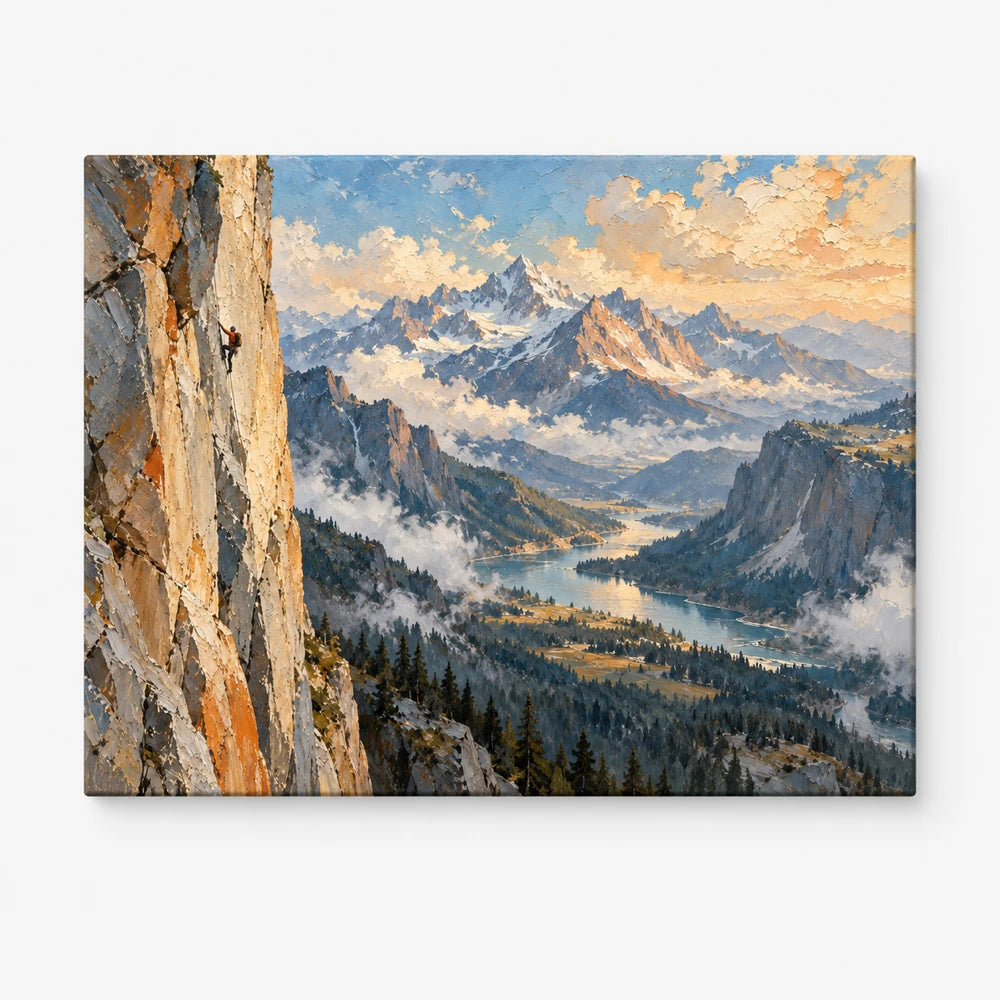 Impressionist Mountain Climbing Canvas Painting With Dramatic Cliff View