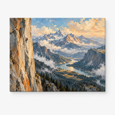 Impressionist Mountain Climbing Canvas Painting With Dramatic Cliff View