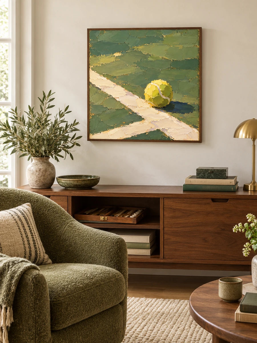Tennis Ball On Clay Court Impressionist Canvas Painting Hand-Painted Wall Art Green Yellow
